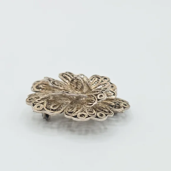 VTG Mexico Silver Filigree Flower Brooch Pin Layered Floral 1.75" REPAIR - Picture 4 of 12
